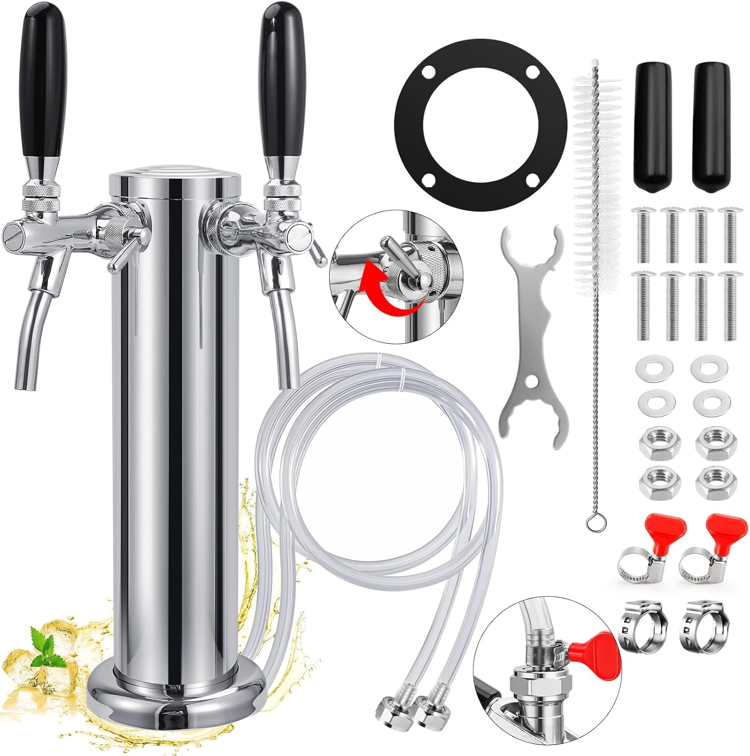 New Adjustable Dual Tap Kegerator Tower Beer Tap Tower Upgraded 3" Draft Beer Dispenser Keg Tower, 304 Stainless Steel Core Self-Closing Beer Faucet with Pre-Assembled Beer Line Kegerator Parts Kits