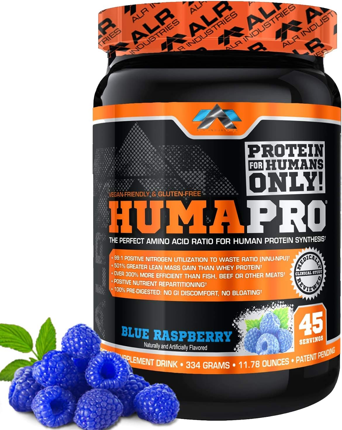 Humapro | Amino Acids Protein Matrix for Humans | 99% Utilization for Lean Muscle | Vegan, Gluten Free | 334g / 45 Servings (Blue Raspberry)