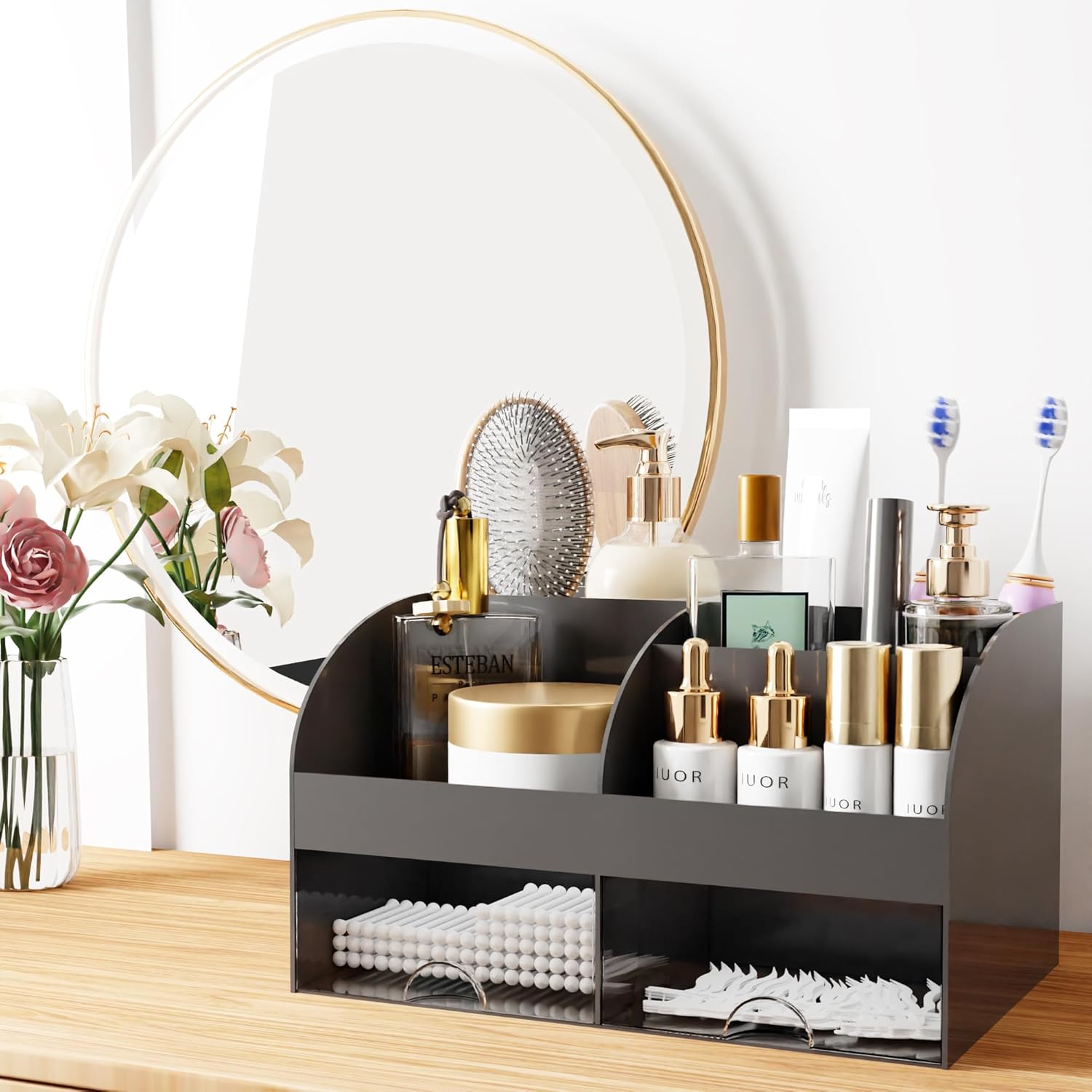 Makeup Organizer with Drawers, Cosmetic Storage for Dresser Vanity and Bathroom Countertop, Beauty Holder for Lipstick Brush, Skincare Organizer for Vanity, Cosmetic Display Case (Black) thumbnail