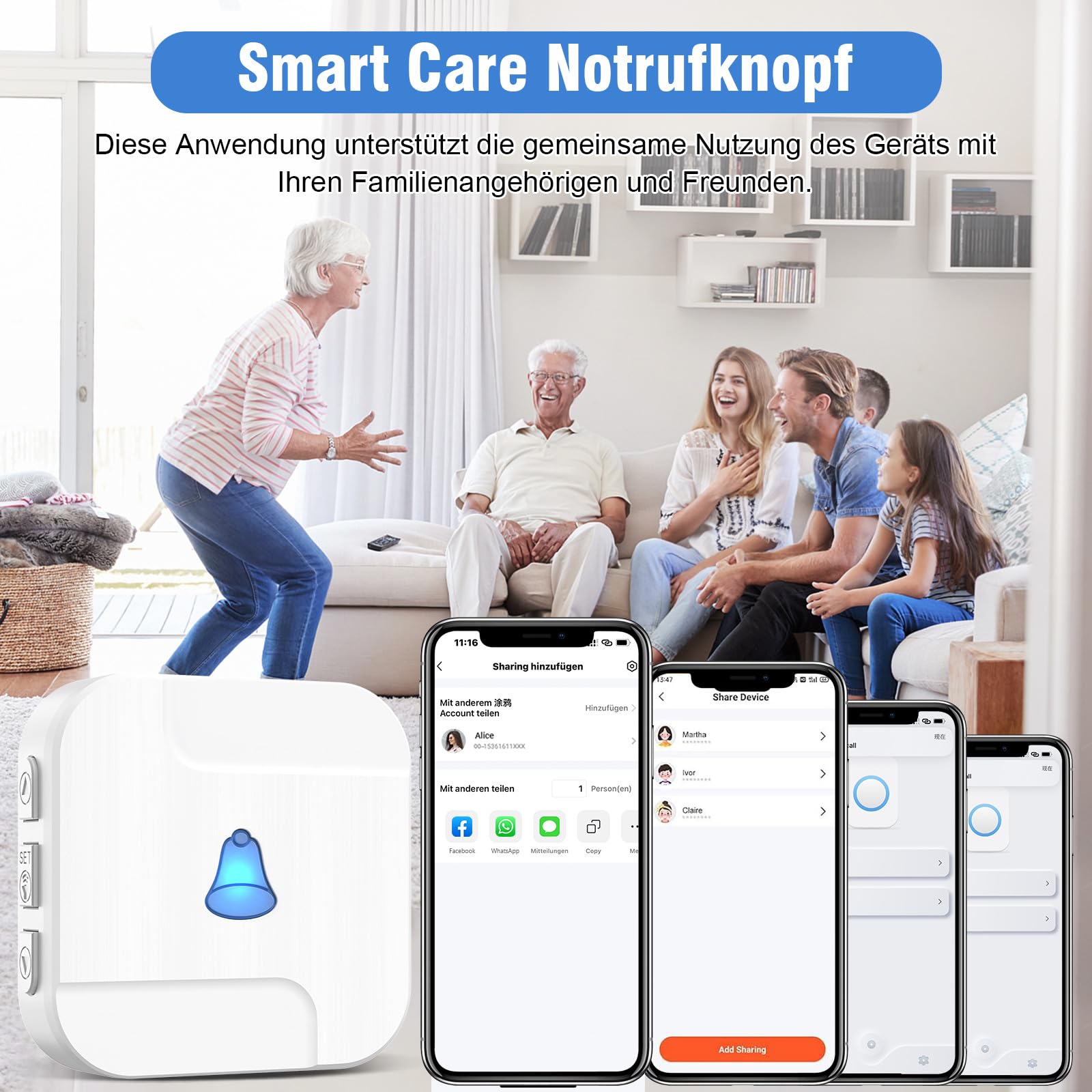 DAYTECH Notrufknopf für Senioren auf Handy, WiFi Tuya Smart Senioren Notfallknopf Alert System, Hausnotruf für ältere Patienten Behinderte,Kinder(1Empfänger+1Notruf Armband+1Tasten)