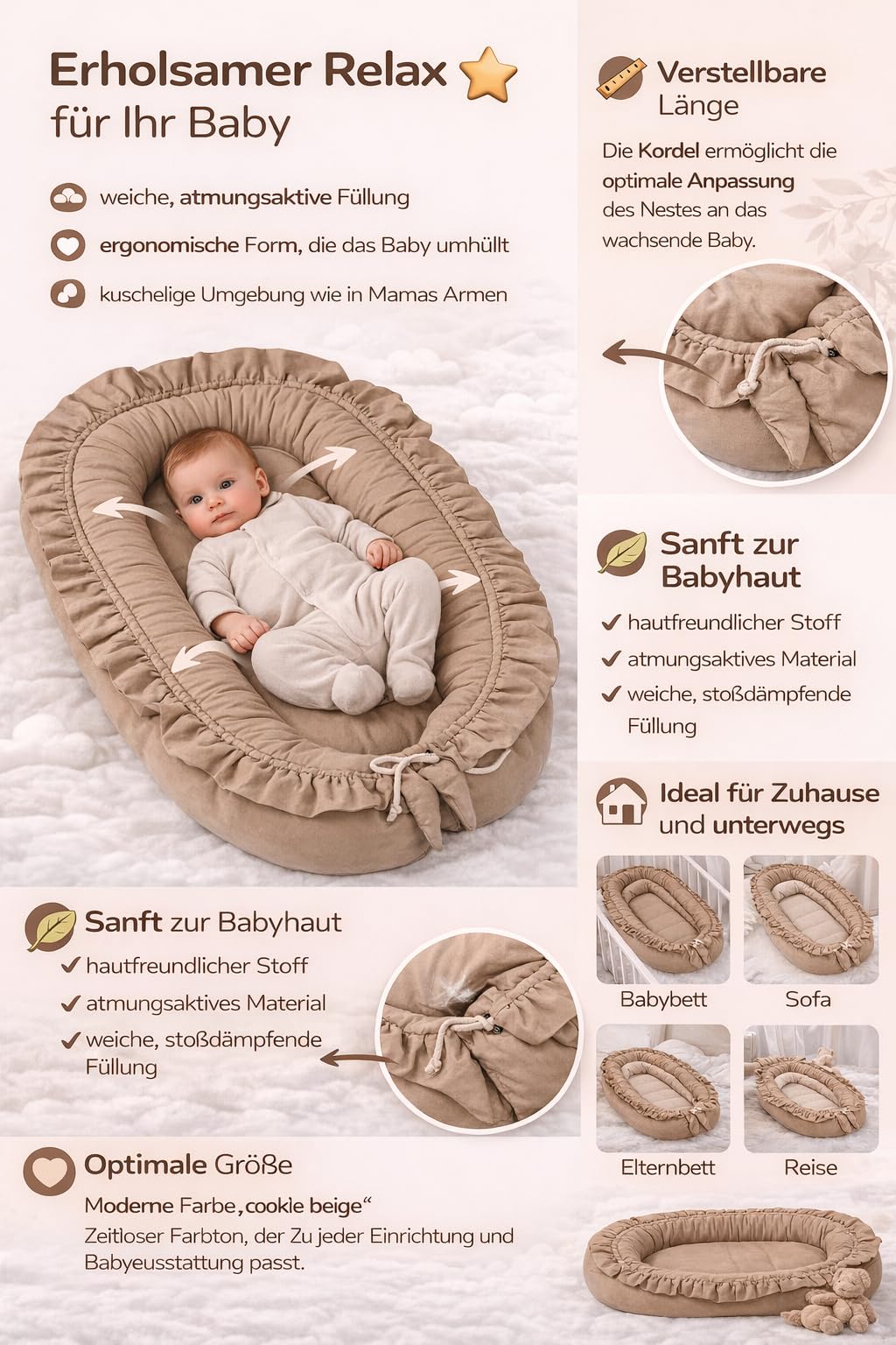PIMKO Gniazdo niemowlęce z falbankami, gniazdo dla niemowląt, kokon dla niemowląt i noworodków, 100% bawełna, odpowiednie do domu, 55 x 90 cm (ciasteczko)