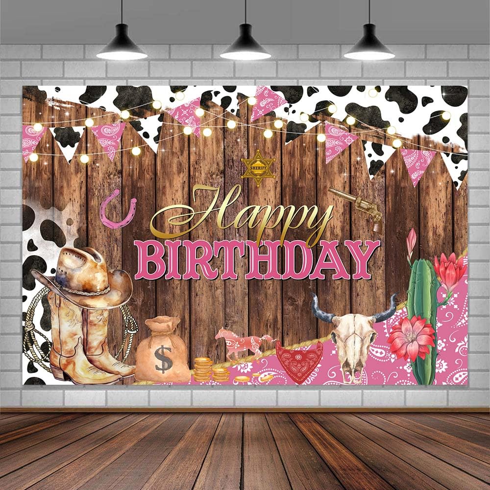 10x8ft Western Cowgirl Backdrop Girl Wild West Pink Birthday Decor Rustic Wood Country Farm Cow Print Party Banner Cactus Hat Boots Photography