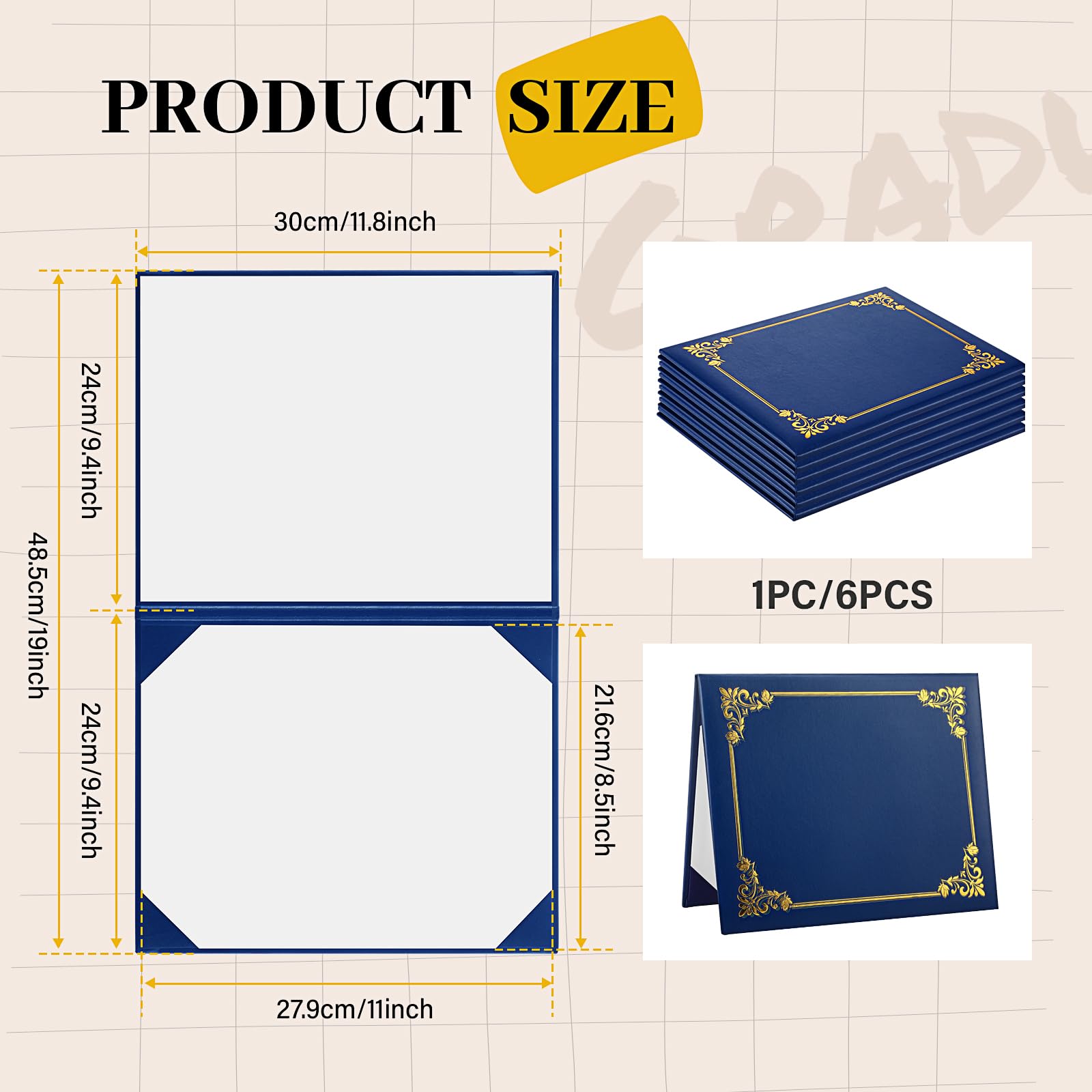 Tenare Confezione da 6 copertine in similpelle stampata per diploma per certificati, 21,6 x 28 cm, in pelle liscia, porta documenti di laurea (blu navy)
