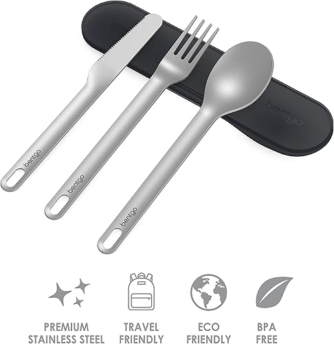 Miniatura 3 de Bentgo Juego de utensilios de viaje de acero inoxidable, juego de cubiertos reutilizables de 3 piezas con funda de transporte, acero de alta