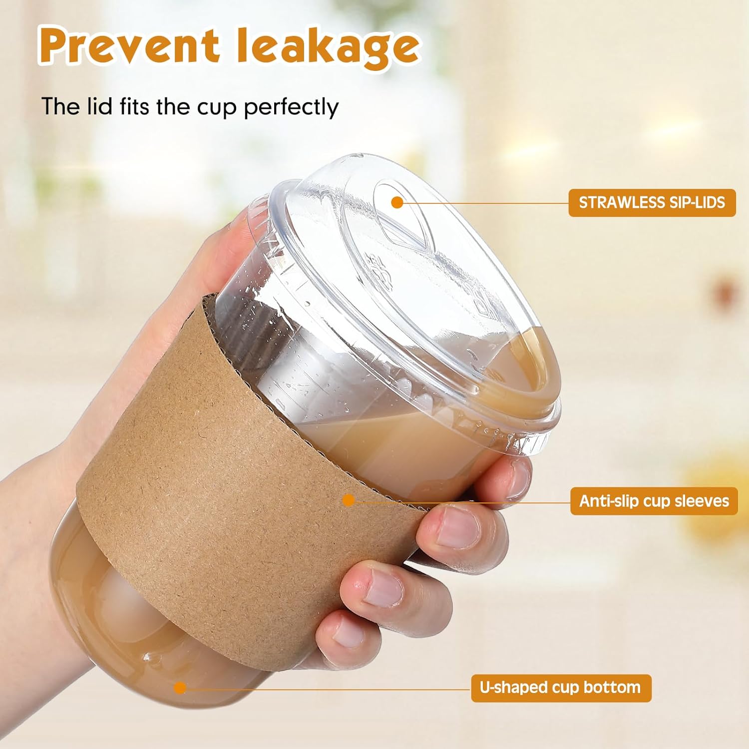 Baderke 50 Sets Clear Plastic Coffee Cups with Sip Lids and Cup Sleeve, Disposable Clear Pet Cups for Iced Coffee Cold Beverage, Shops and Party Catering (16 oz) - Image 4