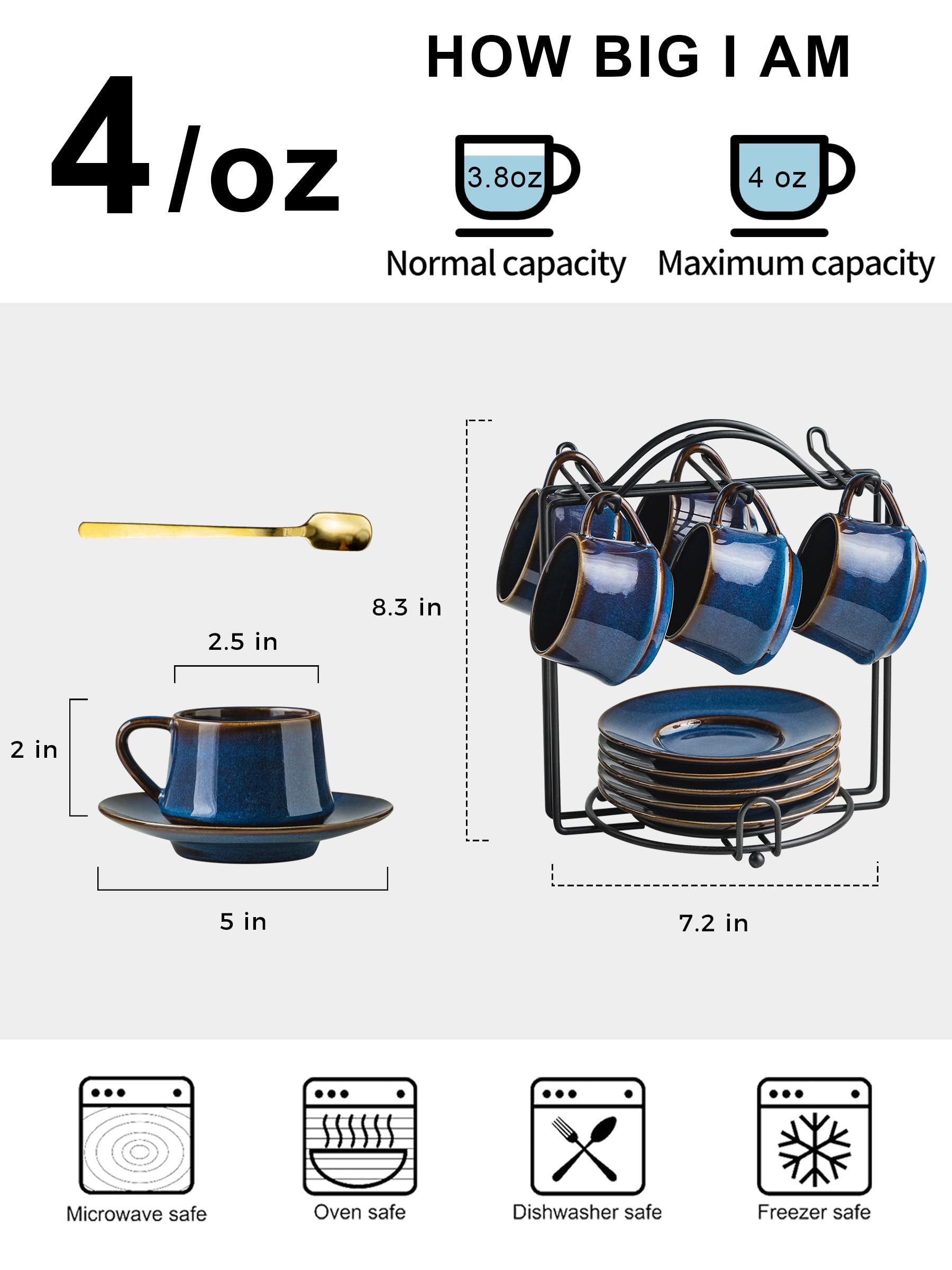 YHOSSEUN Juego de 6 tazas de café Expresso Shots de 4 onzas, taza de café pequeña con soporte de metal Sacuers, tazas de espresso de cerámica para capuchino, latte, café moca y té, azul