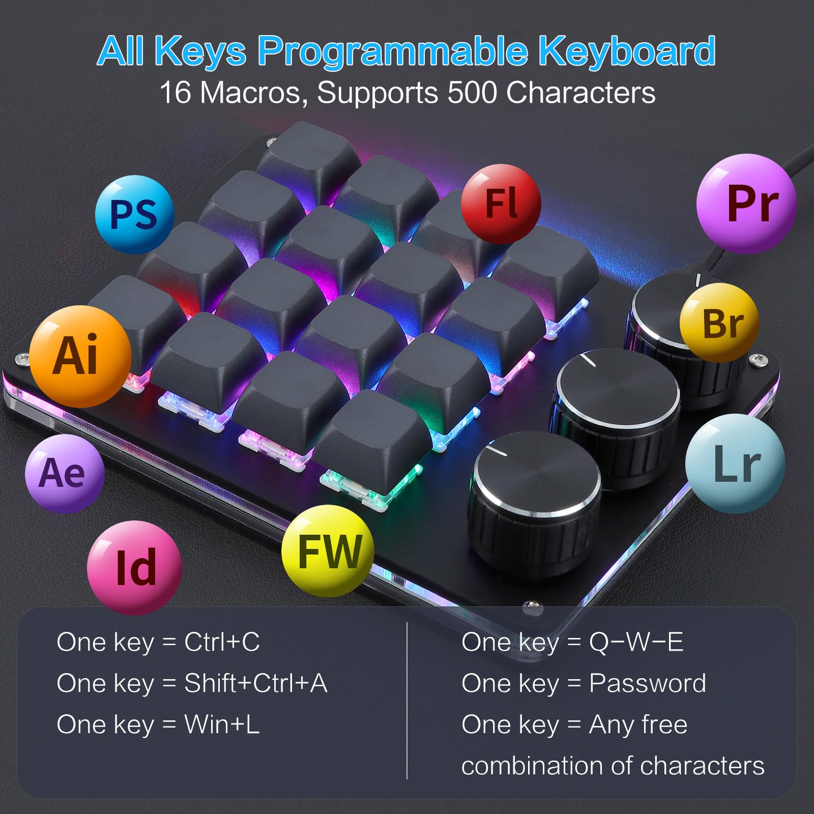 Koolertron Programowana klawiatura 16 przycisków, przenośna mini klawiatura z 3 pokrętłami, w pełni konfigurowalna klawiatura makro z podświetleniem RGB, 6 poziomów regulacji, klawiatura gamingowa do