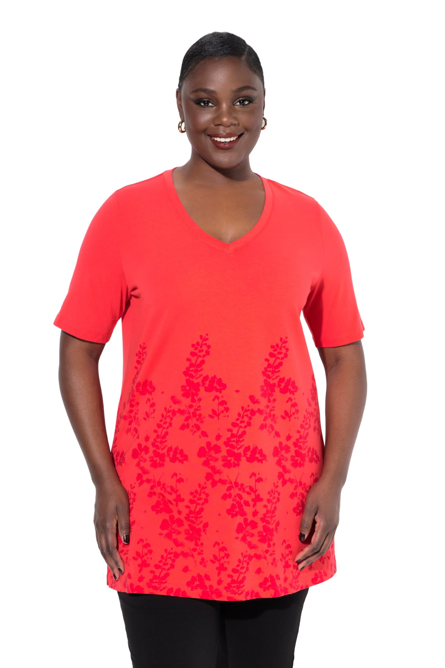 Ulla Popken Damen große Größen Übergrößen Plus Size Longshirt, A-Linie, V-Ausschnitt, Halbarm 838544