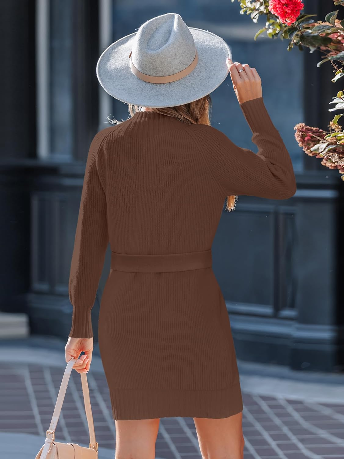 SunnyMelody Womens Mock Turtleneck Self Tie Waist Sweater Dress Winter 2025 Dressy Ribbed Knit Long Sleeve Mini Dresses - Image 3