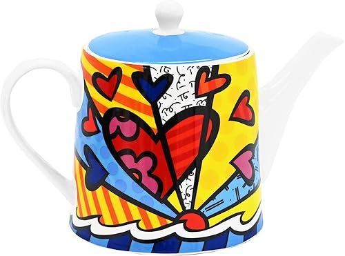 Romero BRITTO - Olla de café y té de porcelana de hueso, 28.7 onzas, día nuevo, diseño de arte de corazón
