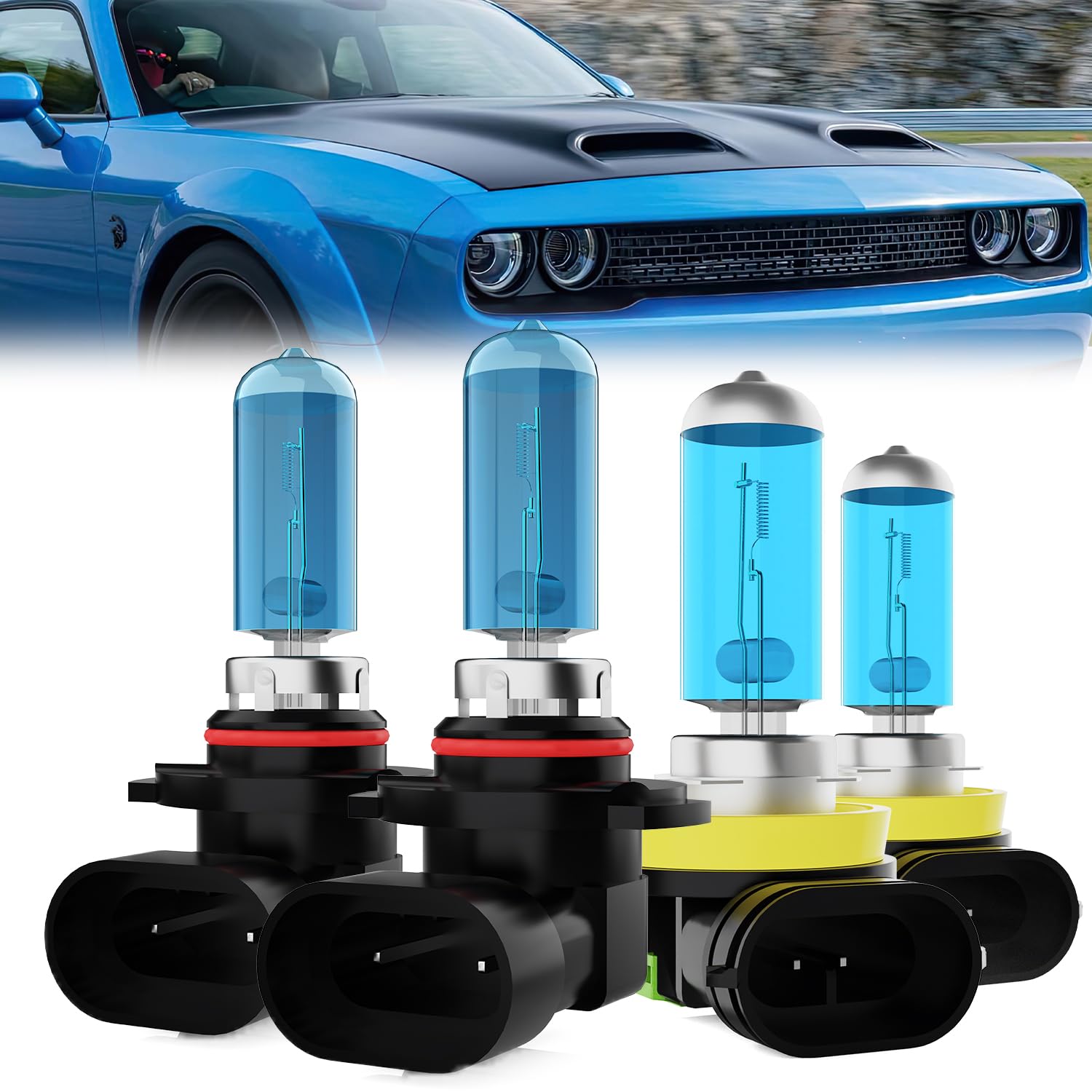 Headlight Bulbs Fit For Dodge Challenger 2015-2020, 9012 High Low Beam + H11 Fog Lights Halogen Bulb, 6000K White Light, Plug and Play, Pack of 4
