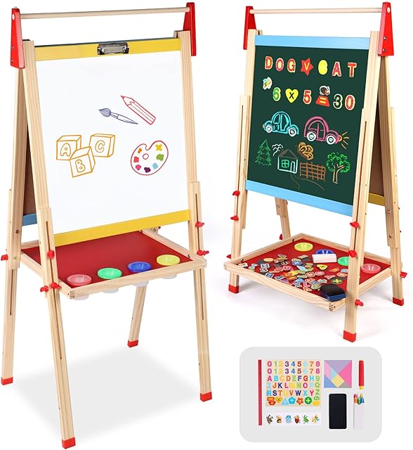 Bee bee Run Kids Wooden Art Easel Double-Sided Adjustable Standing Easel with Painting Drawing Whiteboard and Chalkboard with Paper Roll Holder Magnetic Accessories for Children Boys Girls