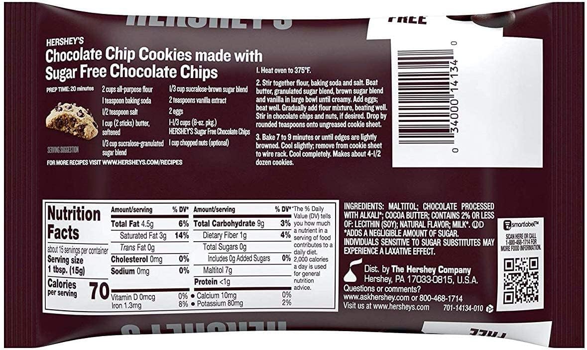 Hershey Zero Sugar Chocolate Baking Chips 8 oz Bags - Pack of 2 - Delicious for Baking or Eating - Make Sweet Treats that Everyone will Love - Gluten Free