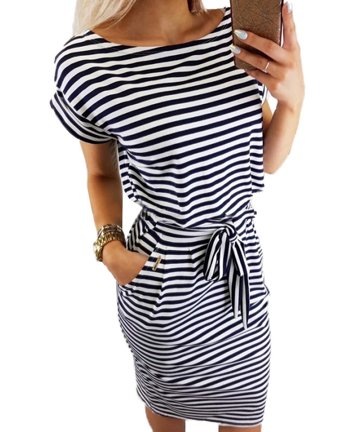 Ajpguot Damen Freizeit Kleid mit Gürtel Elegant Rundhals Midi Kleider Blusenkleider Ballkleid Festkleid Frauen Langarm Tasche Wickelkleider Abendkleider Partykleid