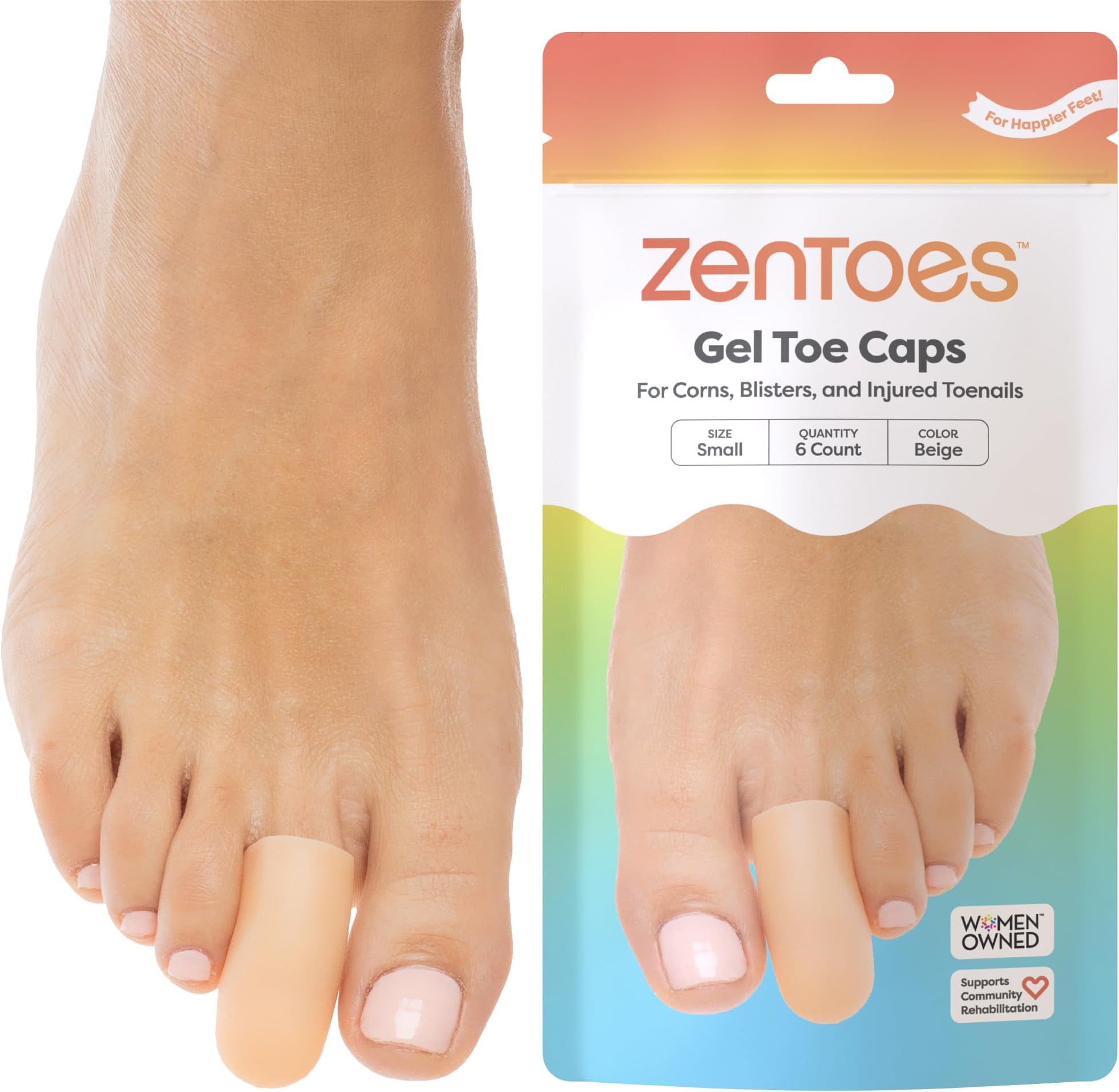 ZenToes 6 Pack Gel Toe Cap and Protector - Cushions to Protect The Toe and Provides Relief from Missing or ingrown toenails, blisters (Small, Beige)