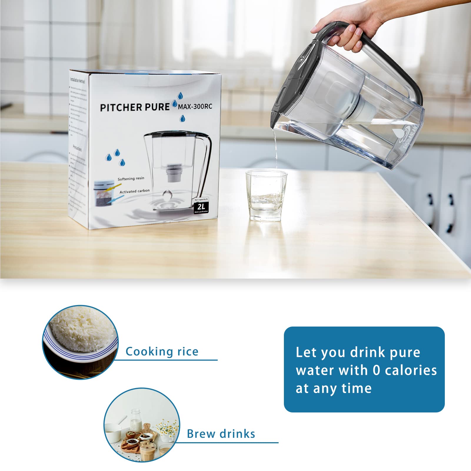 SHUILANLAN Water Filter Pitcher 10 Cup Large, Filtered Water Pitcher System for Fridge with 2 Activated Carbon Filter Long Last, Black