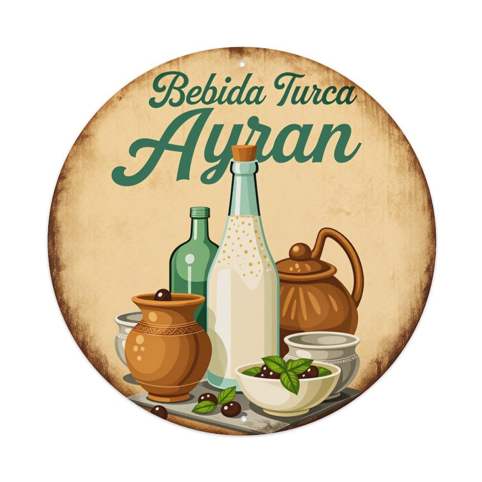 Turkish Drink Ayran Bottle Bowl Retro Metal Sign Round Tin Sign, Vintage Decor Art Poster for Bar, Home, Man Cave, Kitchen, Laundry Room Gift 8x8Inch