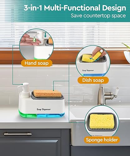 Miniatura 8 de Juego de dispensador de jabón para platos de cocina, dispensador de jabón para platos y manos con soporte para esponja, esponja de encimera 3 en 1,