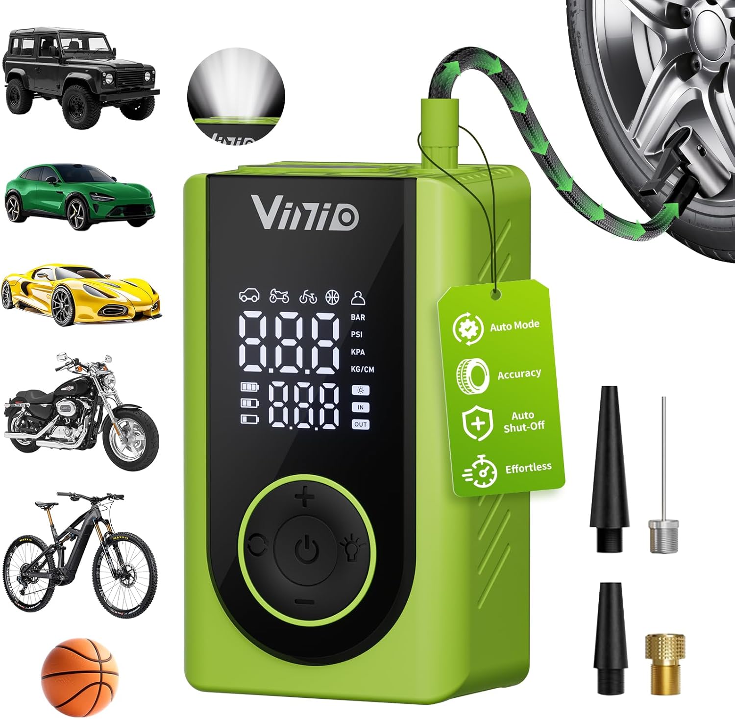 Vinid Tire Inflator Portable Air Compressor Cordless, LED Digital Display & Auto Shut-Off, 5 Modes, 150 PSI Air Pump for Car, Balls, Bike, Motorcycle, with Pressure Gauge & Accessories Included, Green