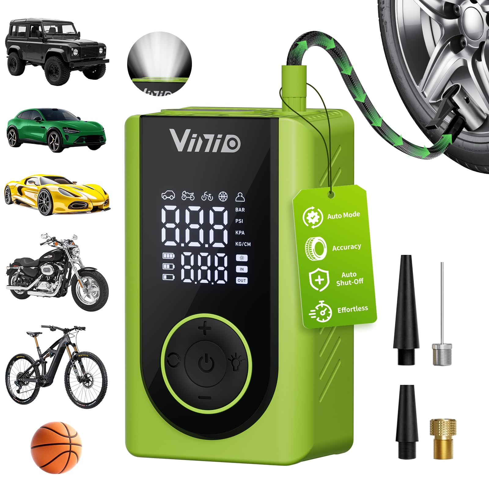Vinid Compressore d'aria portatile per gonfiaggio pneumatici, verde
