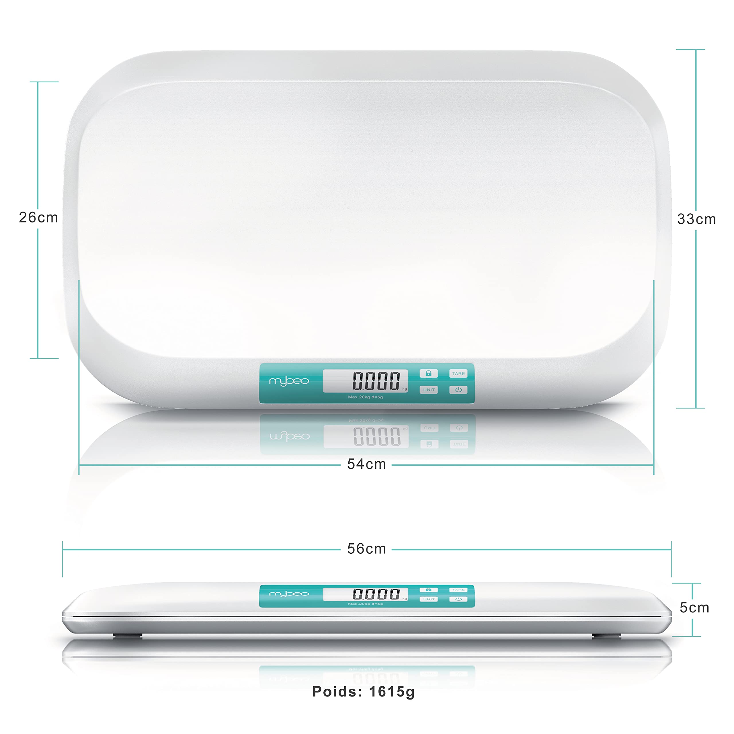 Pèse-bébé électronique - Balance pour petits enfants et animaux domestiques - Pèse-personne numérique - 54 x 26 cm - Poids jusqu'à 20 kg avec une précision de 5 grammes - Fonction tare - blanc