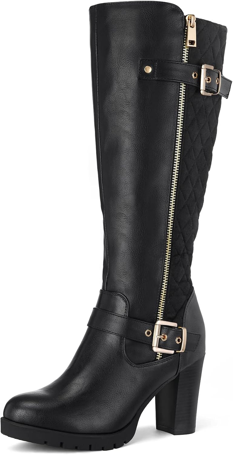 mysoft Women's Knee High Boots Fashion Chunky Block Heel Warm Winter Boots with Side Zippers