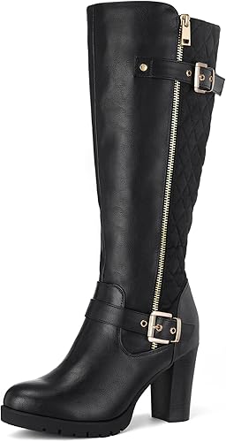 mysoft Botas altas hasta la rodilla para mujer, tacón grueso, botas de invierno cálidas con cremalleras laterales