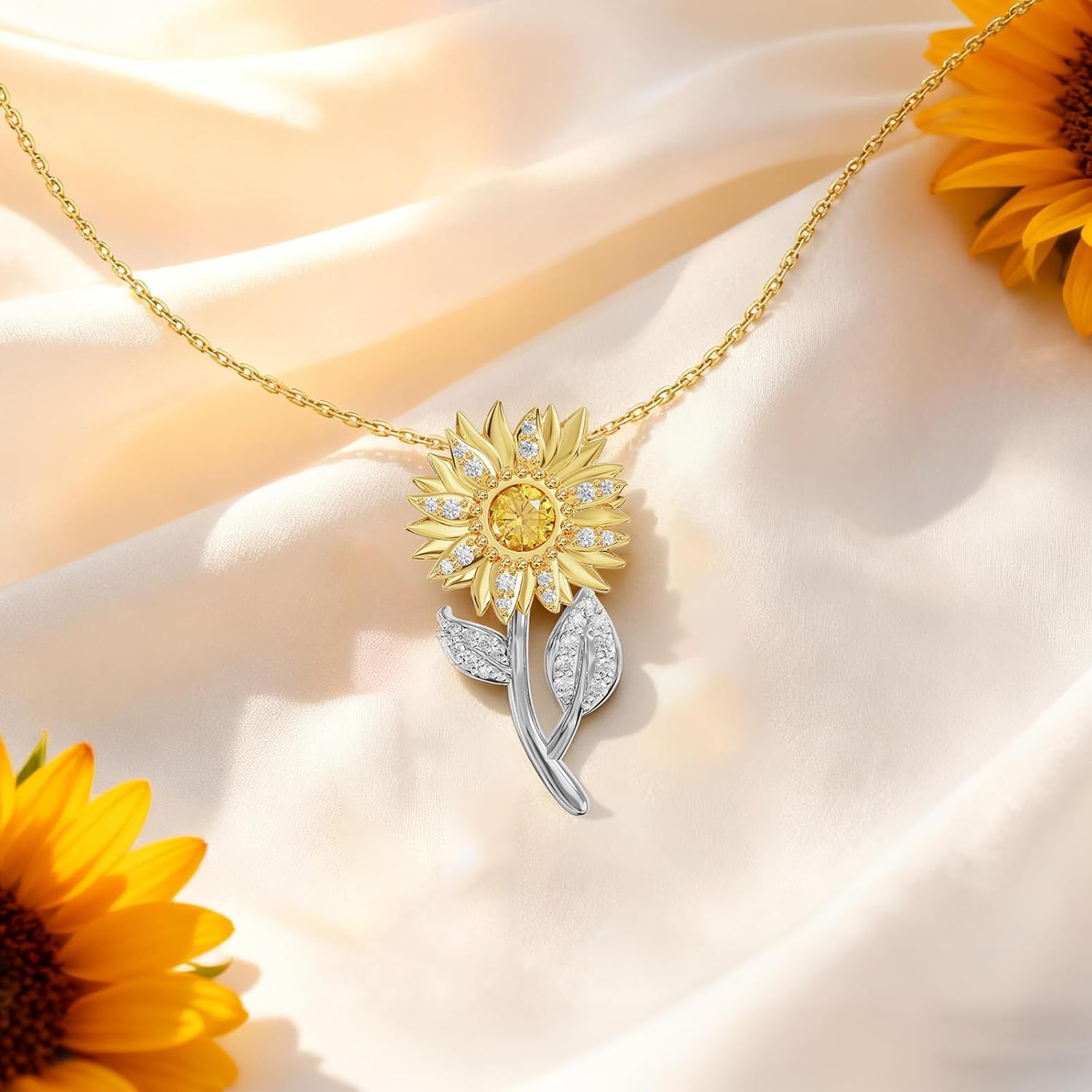 Sunflower Necklace for Women - 925 Sterling Silver Two-Tone Gold & Silver Pendant with Yellow Stone Meaningful Birthday Gift for Mom Wife Daughter– Symbol of Hope & Happiness - Image 2