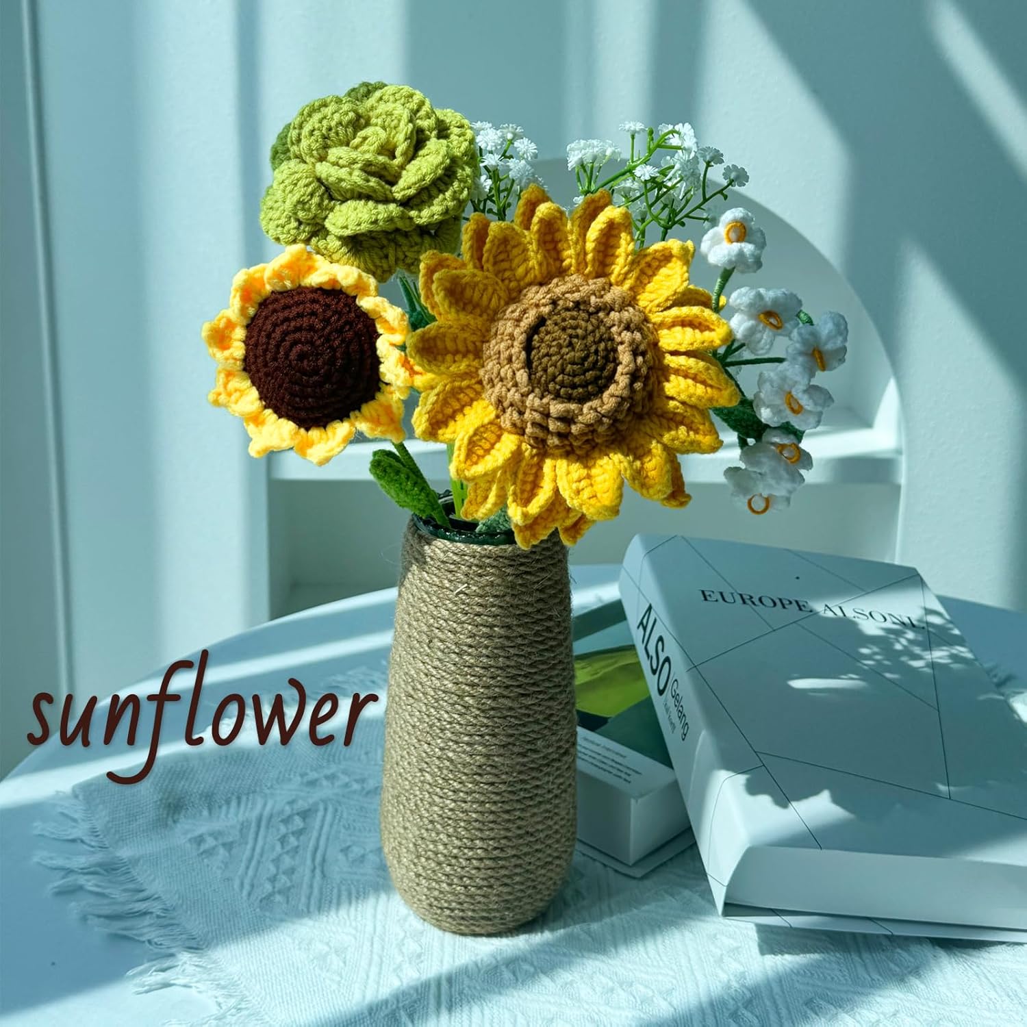 Crochet Flower Bouquet Graduation,Handmade Knitted Sunflower Crochet Flowers Gift for Lover,Teacher,Friends, Artificial Flowers Bouquet for Home Decor