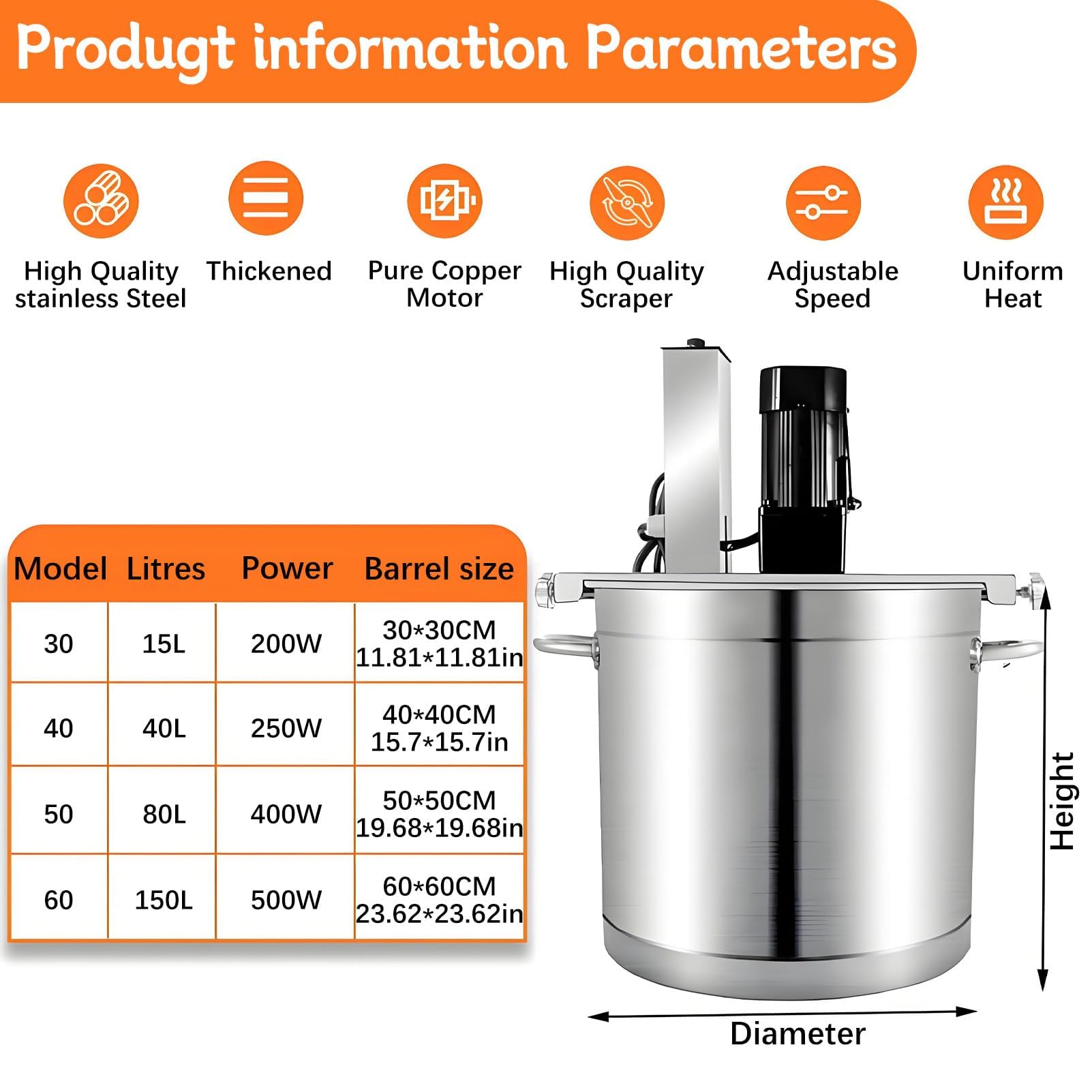 Mezclador de alimentos comercial, agitador automático con velocidad ajustable y cuchilla raspadora para salsas, mermeladas, chile y salsas de carne, perfecto para lotes de 30 L a 60 L