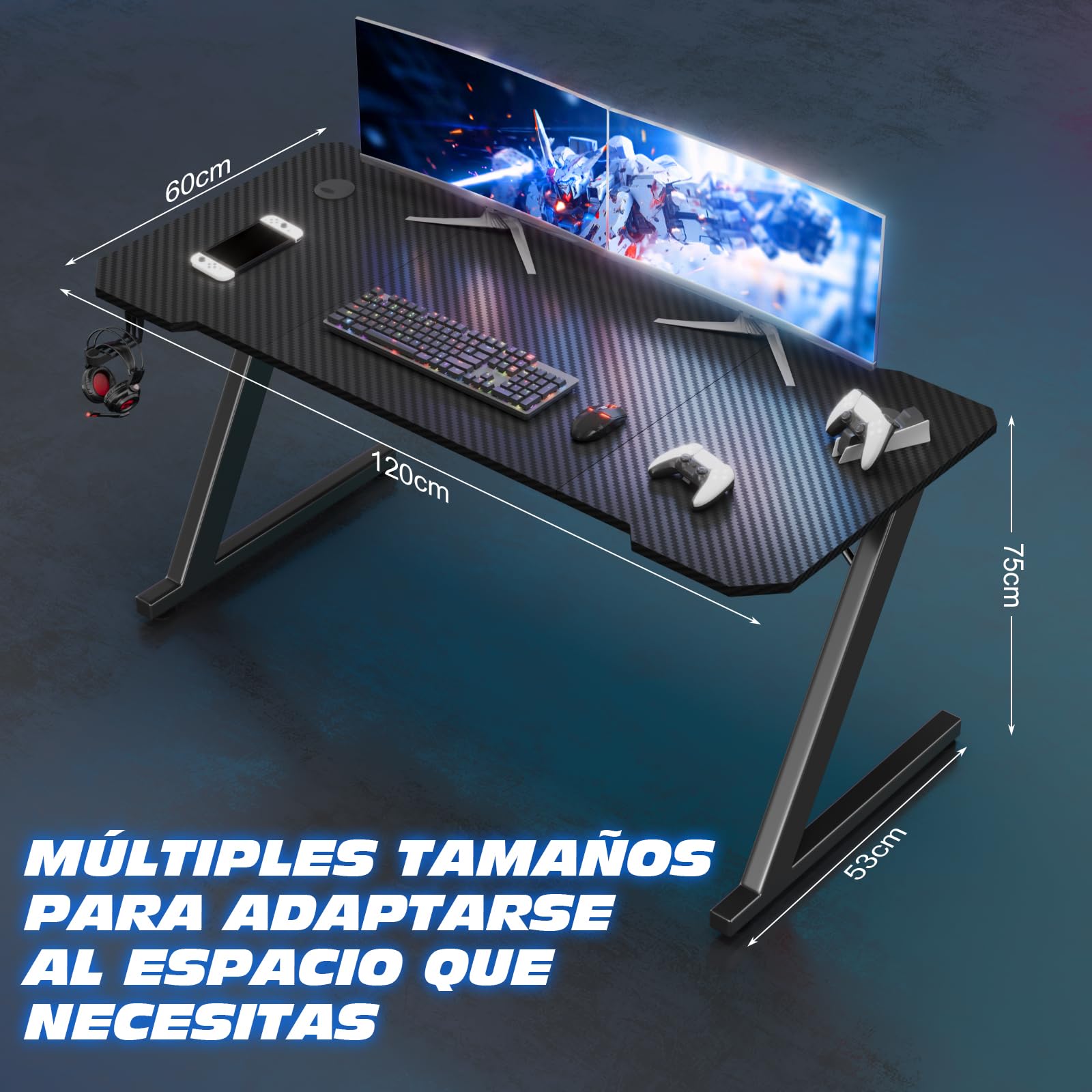 TRIUMPHKEY Mesa Gaming 120 x 60 cm, Escritorio Gaming en Forma de Z Ergonómica, Mesa Gamer de Fibra de Carbono, Mesa para Ordenador con Gancho para Auriculares, Negro