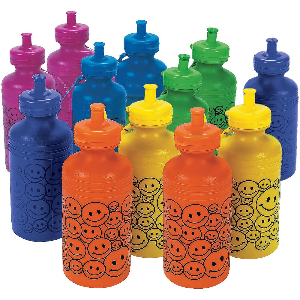 Fun Express 12 Pieces Smile Face Neon Water Bottles, 18 oz, BPA Free Plastic, Party Supplies, Drinkware, Water Bottles & Canteens, Multi-Color