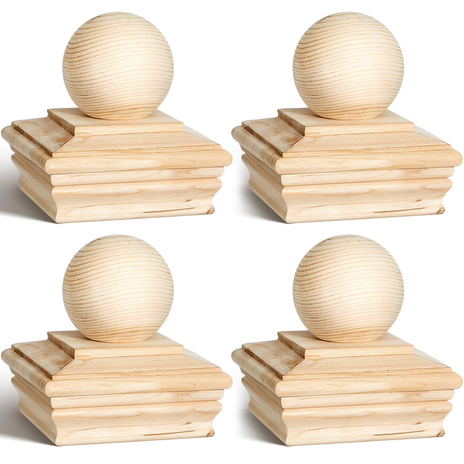 Hosuly 4 Pcs 4 x 4 Inch (Actual 3-5/8") Wood Post Caps with Ball Finial