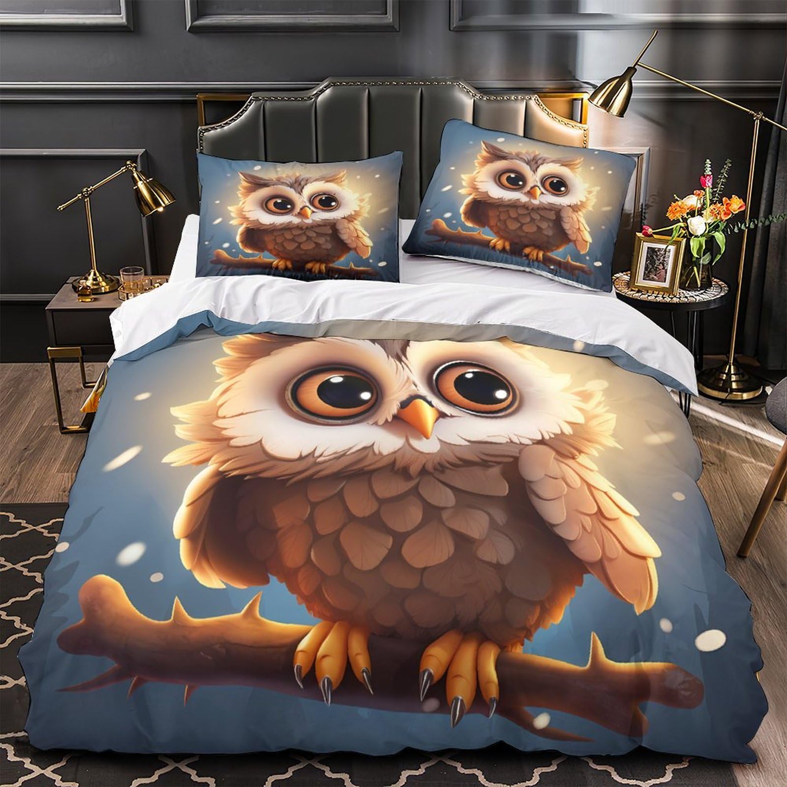Parure de lit hibou mignon en microfibre 140x200 cm pour lit simple