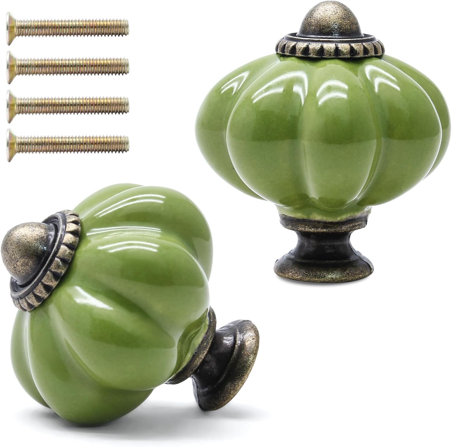 12 Pack Sage Green Pumpkin Knobs Ceramic Cabinet Knobs Retro Dresser Vintage Drawer Pulls for Vanity, Closet