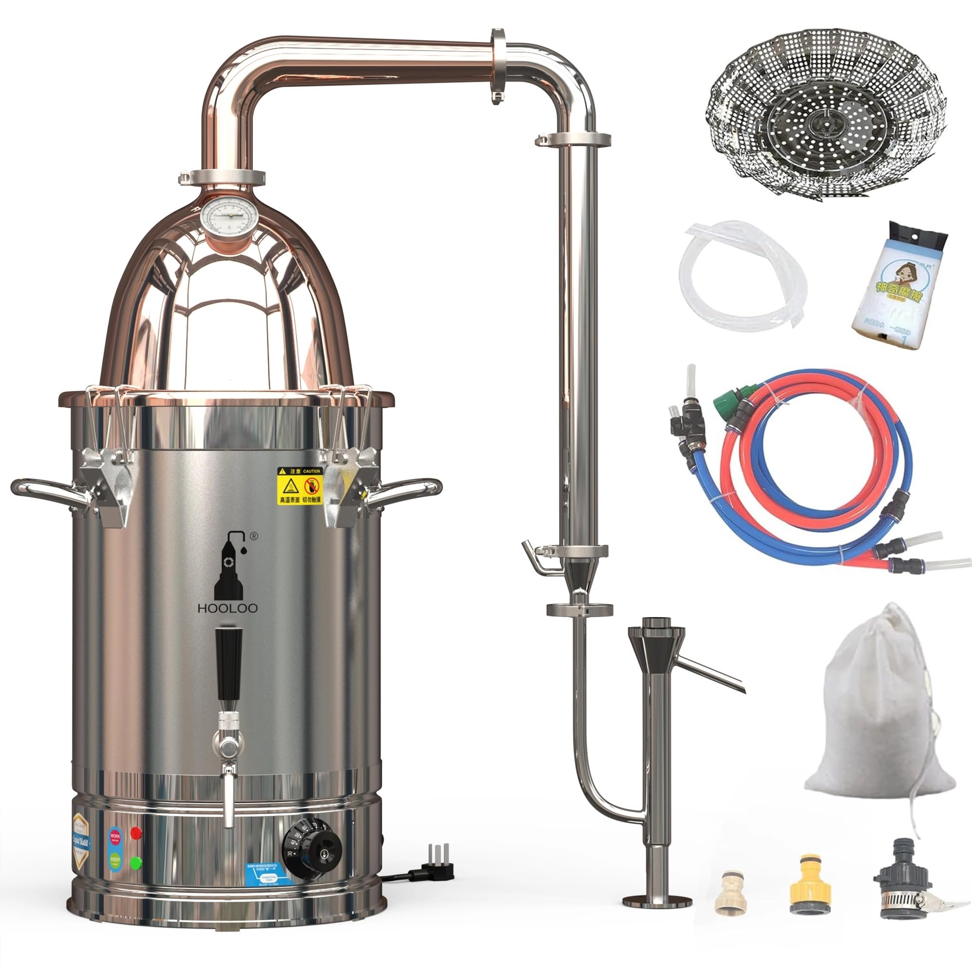 HOOLOO Alcohol Distiller Still for Home Use Kit 304 Stainless Steel Whiskey Making Kit with Thermometer Whiskey Brandy Vodka 6.3Gal (24L) (RT-30) (6.3Gal/24Litres-Rocket Lid-110V)
