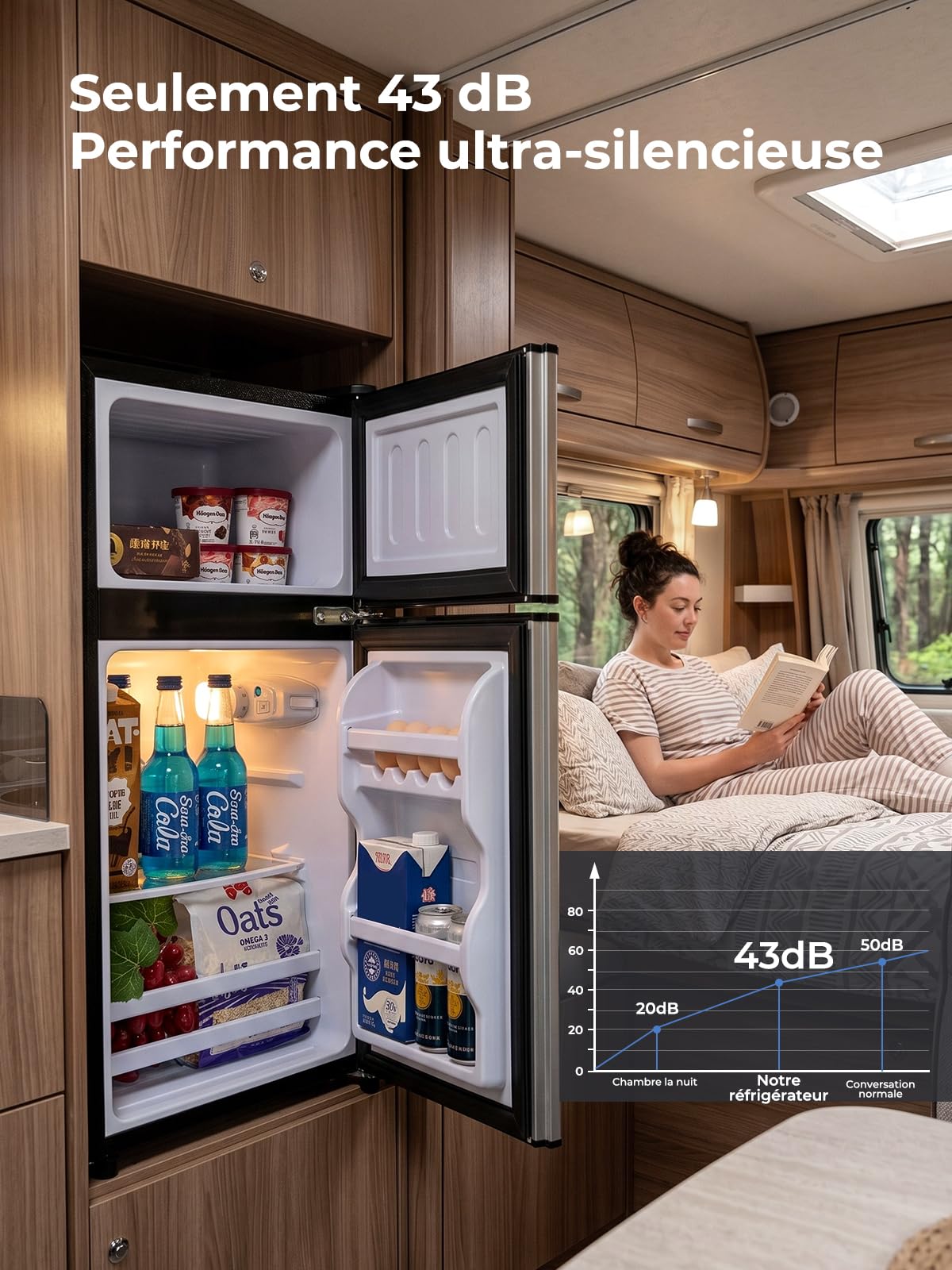 FOHERE Mini Réfrigérateur avec Congélateur 76L, Petit Frigo Silencieux 2 Portes (50L+26L) pour Chambre Universitaire et Studio, Mini Bar Autonome Économe en Énergie pour Boisson et Glaçons, 43dB