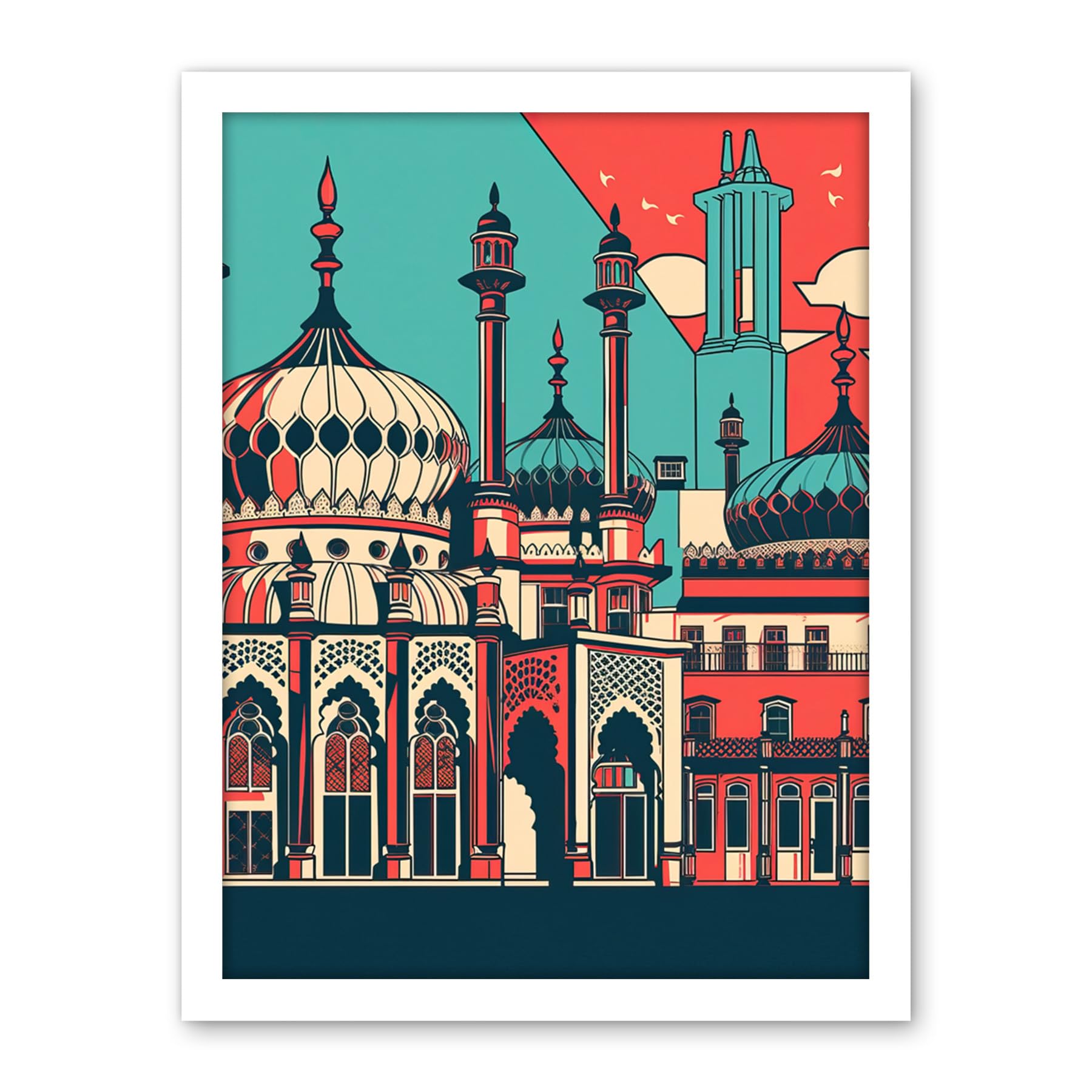 Artery8 Brighton's Royal Pavilion in Ivory Blue and Red Artwork Framed Wall Art Print 18X24 Inch