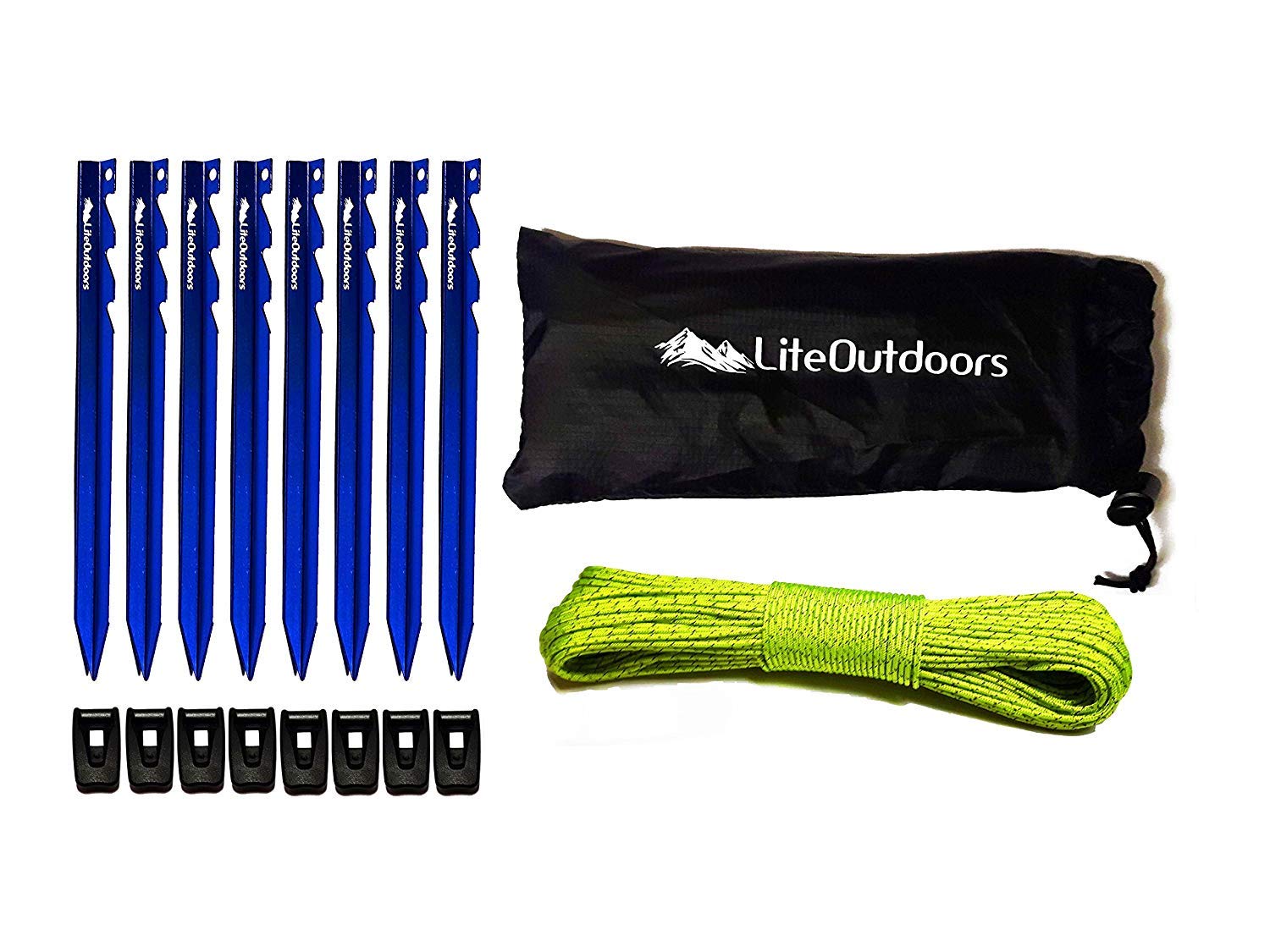 LiteOutdoors Ultralight Tent Stake Kit - 8 Aluminum Tent Pegs, 60' Reflective Guy Line, 8 Cord Tensioners - for Backpacking, Hiking, Camping
