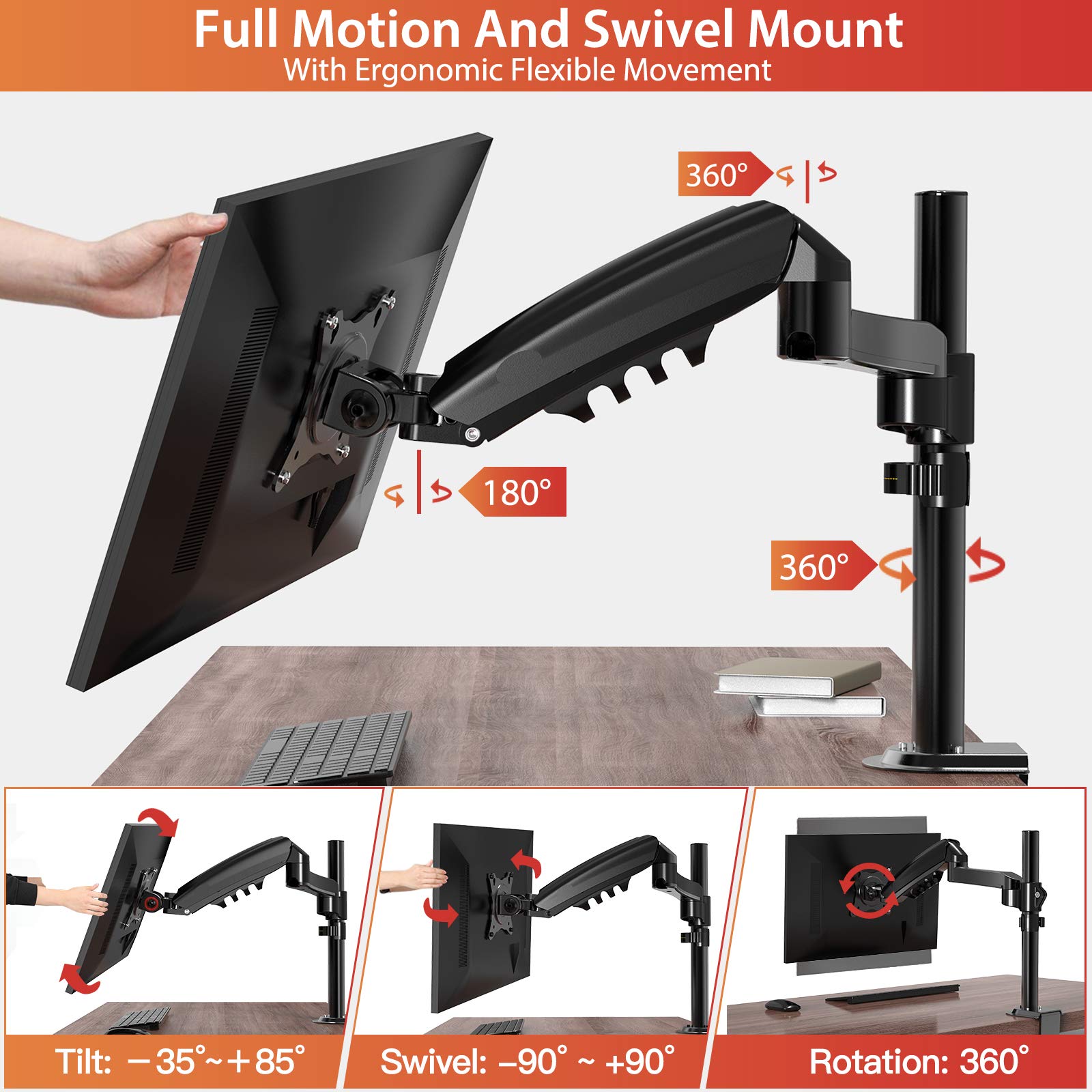 ErGear Single Monitor Mount Arm, Adjustable Gas Spring Monitor Desk