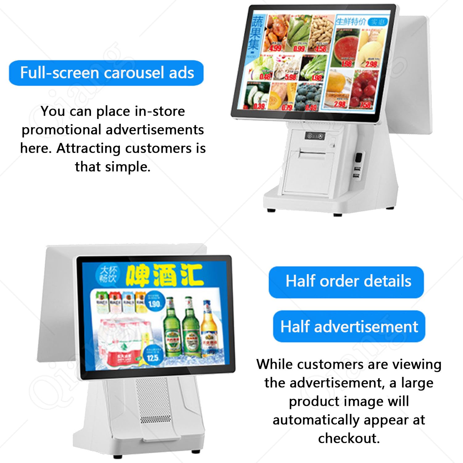Qiang Caisse Enregistreuse Intelligente Tout-en-Un,POS Cash Register,éCran Tactile 15,6",8G Ram,128G Ssd,Windows,Imprimante intégrée,Prend en Charge 30 Langues,for Retail and Restaurant Dualscreen