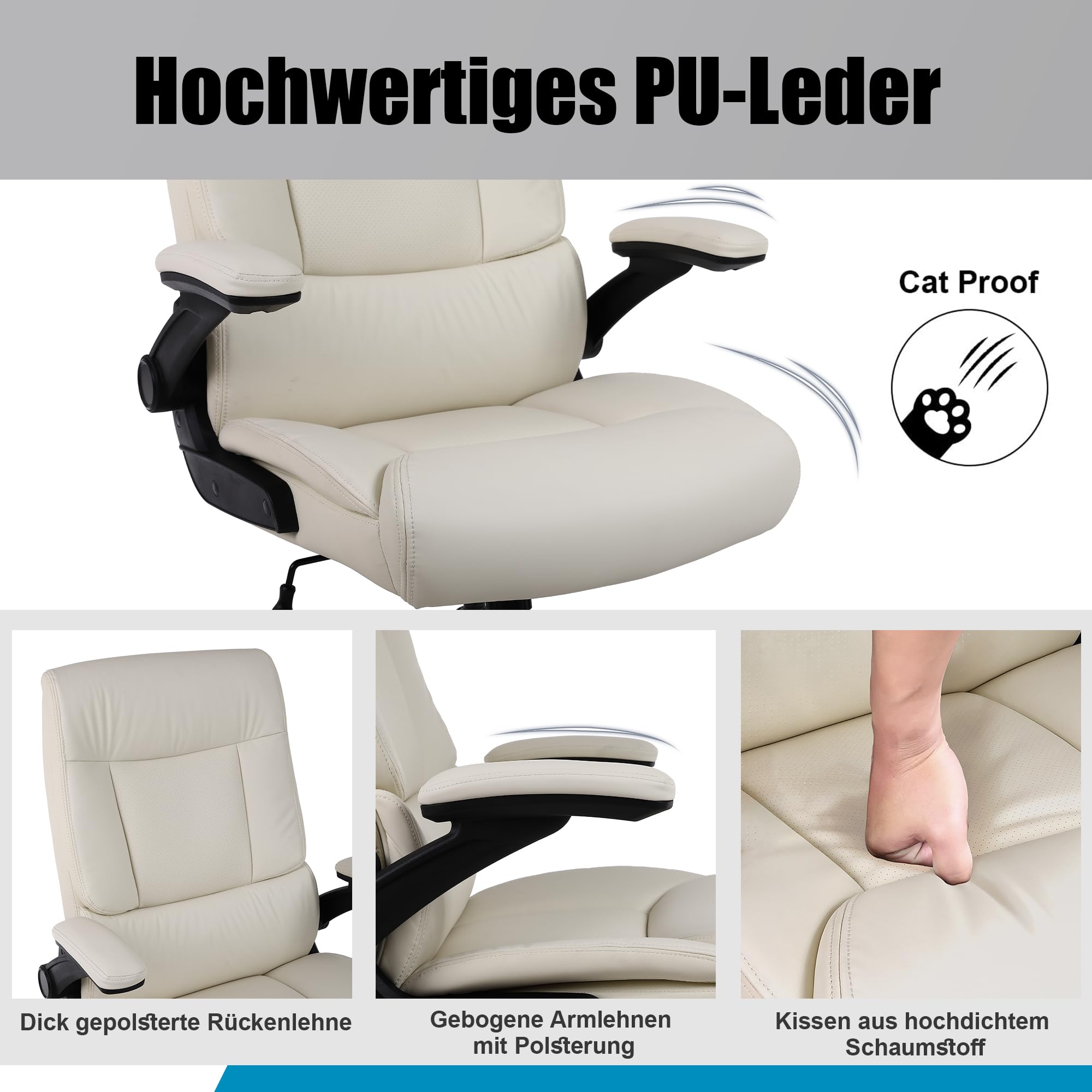 Youhauchair Bürostuhl 200kg für schwere Menschen, Chefsessel aus PU-Leder, Bürostuhl Ergonomisch mit hochklappbarer Armlehne, Schreibtischstuhl Office Chair für Home Office, Beige