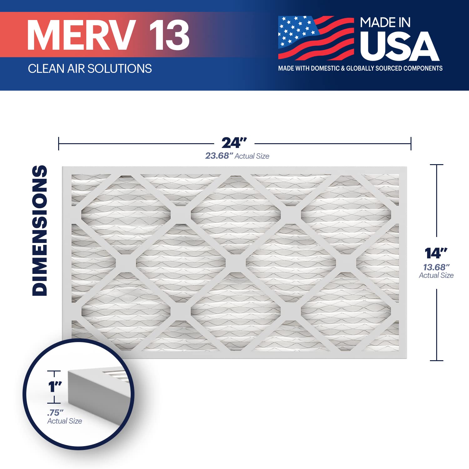BNX TruFilter 14x25x1 Air Filter MERV 13 (6-Pack) - MADE IN USA - Electrostatic Pleated Air Conditioner HVAC AC Furnace Filters for Allergies, Pollen, Mold, Bacteria, Smoke, Allergen, MPR 1900 FPR 10