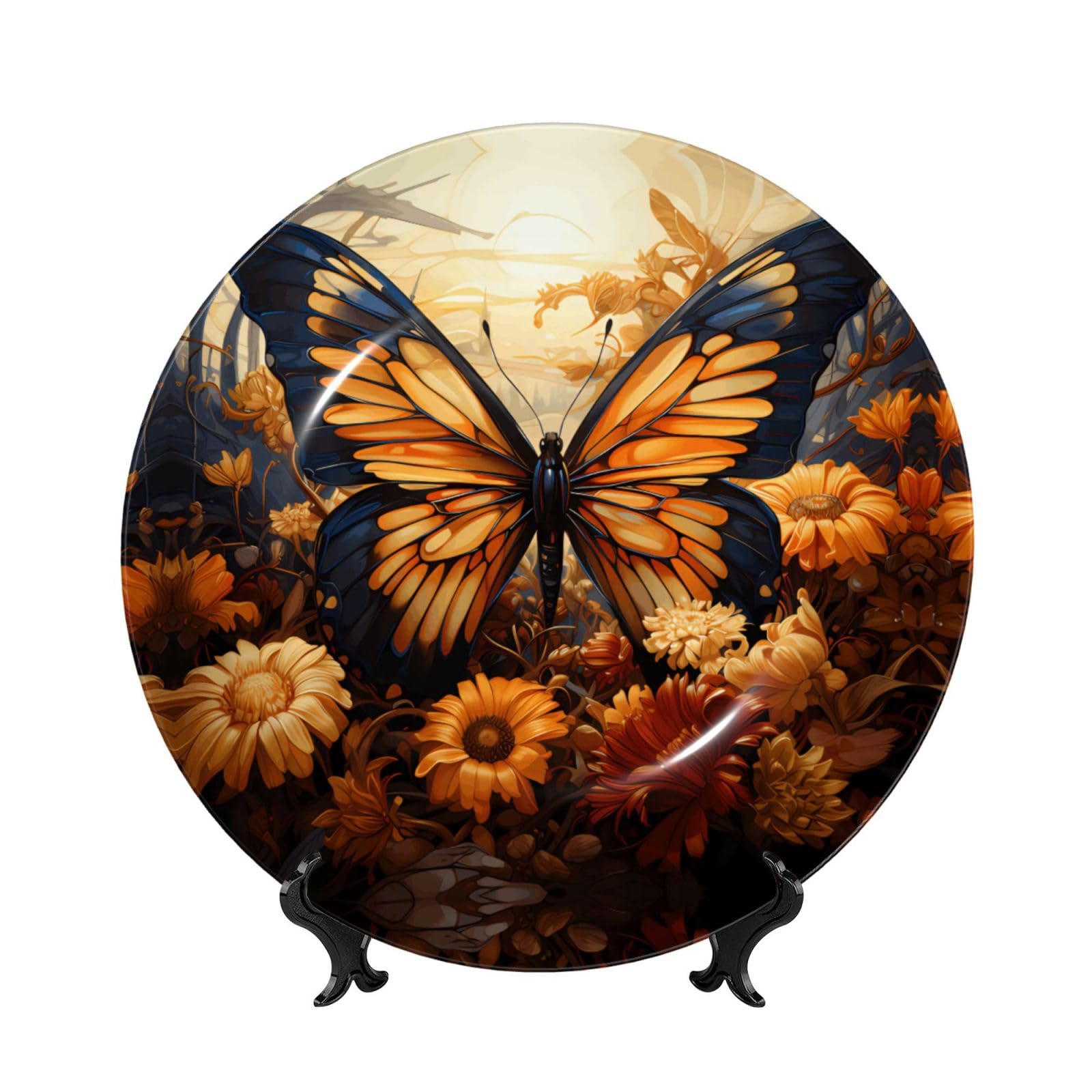 SXZVVBN orange yellow butterfly field flowers Bone China Decorative Plate Art with Stand Removable Adhesive Hanging for Home Office 6in（15cm）