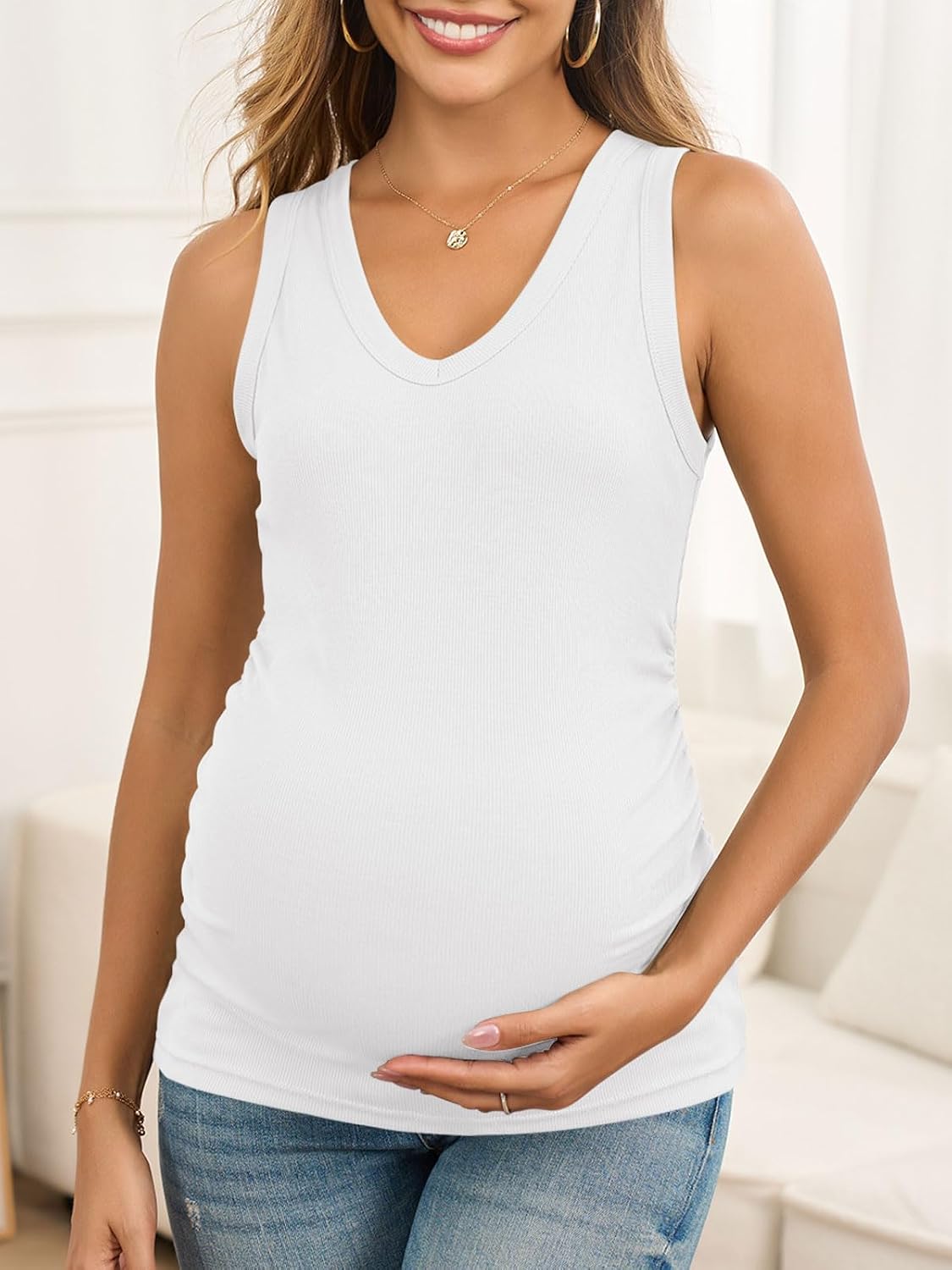 FMEYOA Maternity Tank Tops V Neck Ribbed Knit Sleeveless Maternity Shirts