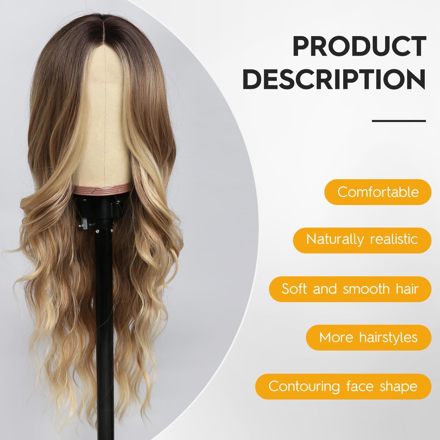 Parrucca lunga ombré bionda – 66 cm, linea centrale, ondulata riccia, resistente al calore, in fibra sintetica per tutti i giorni e le feste