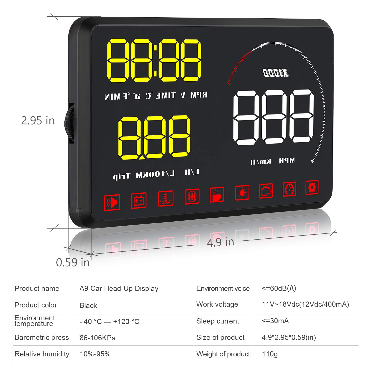 Afficheur HUD pour voiture, Baceyong Car Head-Up Display Projector Digital Speedometer avec écran HD 5,5 pouces Jaune