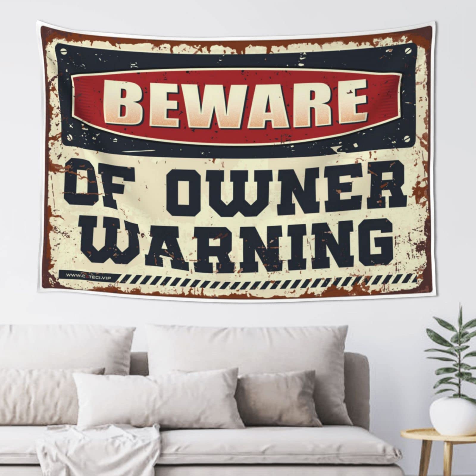 PRAVOXI Tapestry With Words Beware Of Owner Warning Tapestry Men Cave Decor Bedroom Decor Aesthetic(100X150CM)