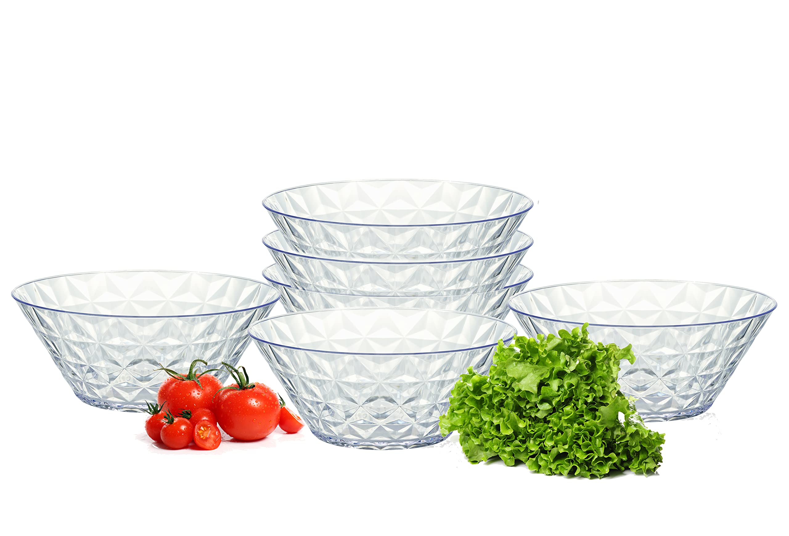 Plasvale Durable Plastic Serving Bowls 105.8oz/3L - Dishwasher Safe - Set of 6 Big Bowls for Salad, Popcorn, Pasta, Serving Side Dishes, Dinner Parties and more – BPA Free (Clear)