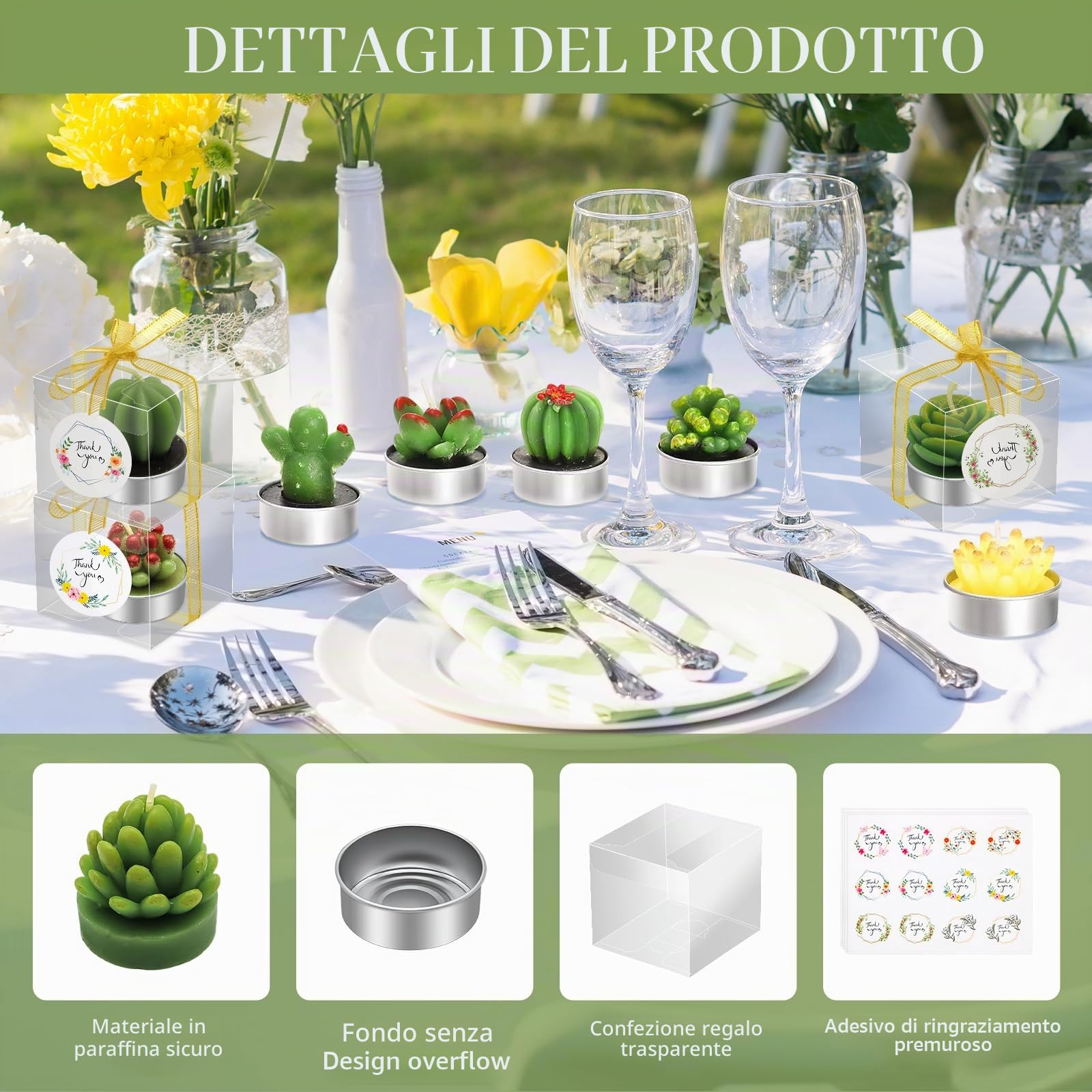 AZEAM 48 pz Candele Succulente per Feste, Decorazione da Tavolo a Forma di Cactus per gli Ospiti, Mini Piccole Tealight Fatte a Mano Set di Decorazioni per Baby Shower, Premi, Giochi, Matrimoni